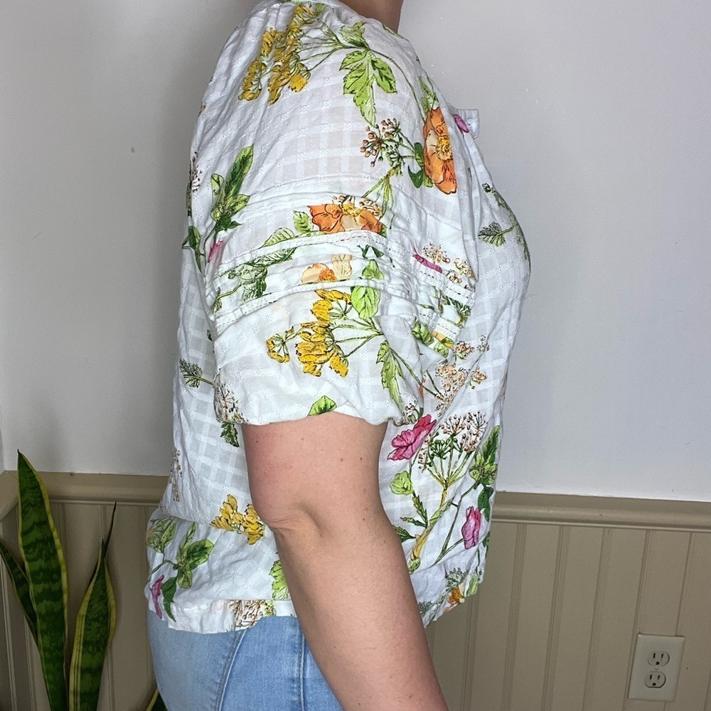 Jane Delancey Floral Puff Sleeve Peasant Blouse Size L Cottagecore Garden Top - Picture 6 of 11